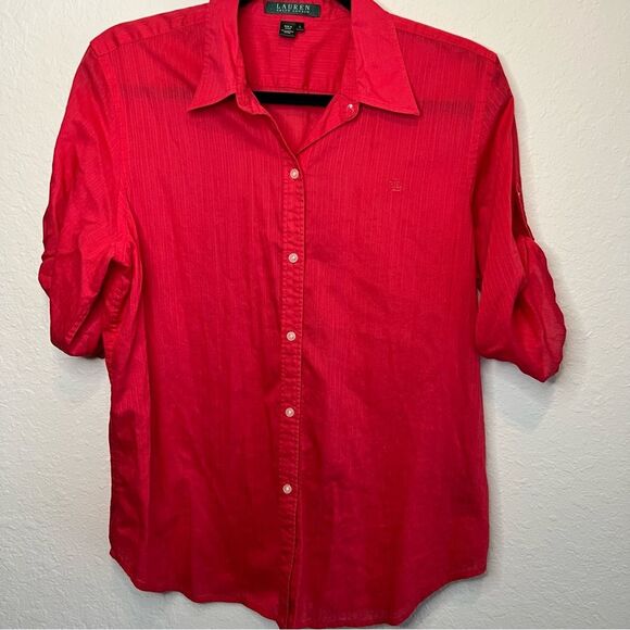 Lauren by Ralph Lauren hot pink button down top 💗 lightweight 💗 medium/large - Picture 1 of 5